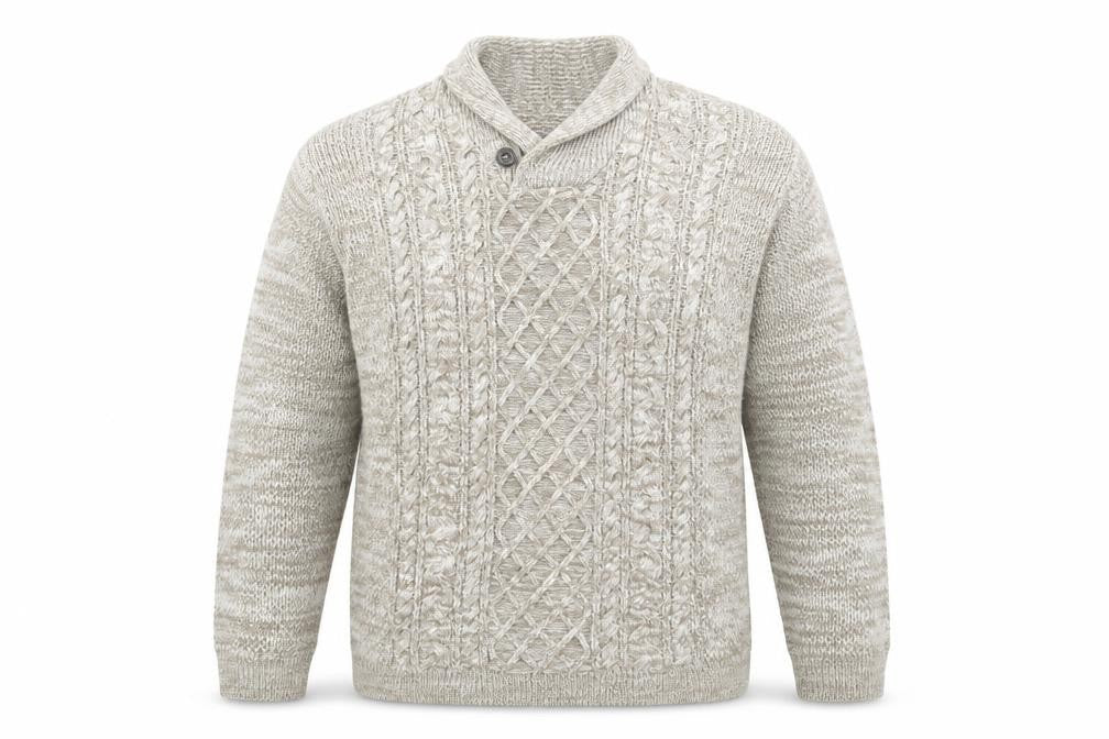 Front view of Easy Men's Beige 2XL Cable-Knit Collared jumper