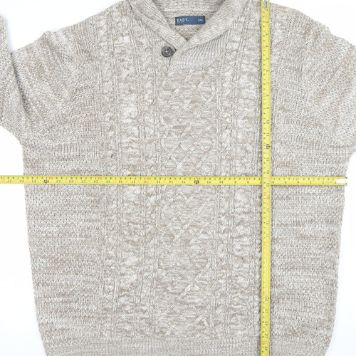 EASY Men's Beige 2XL Cable-Knit Collared Pullover Jumper