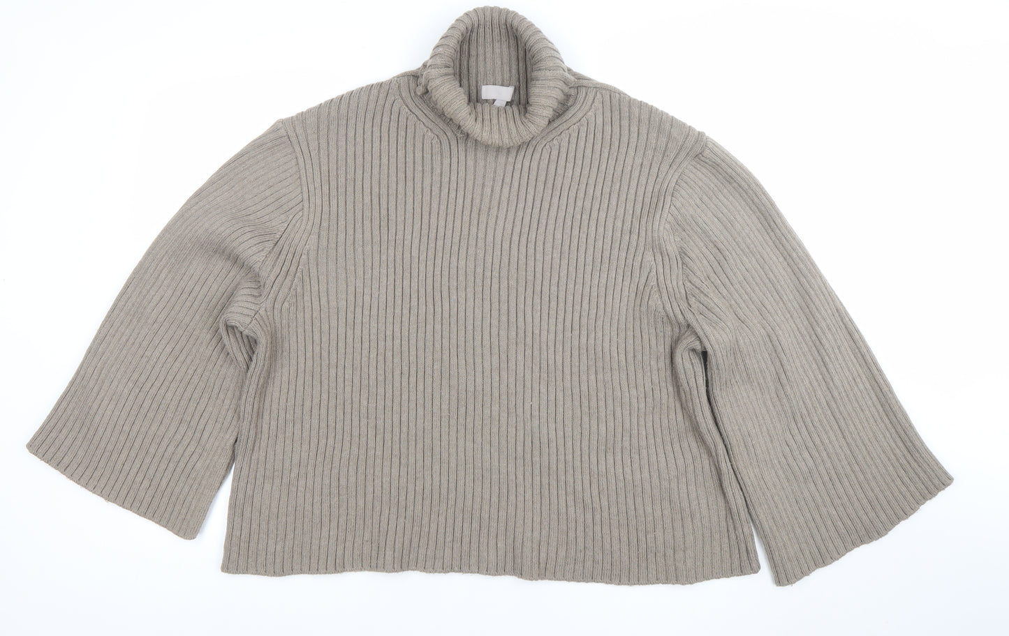 H&M Women’s Beige Ribbed Roll Neck Relaxed Fit Jumper Size L