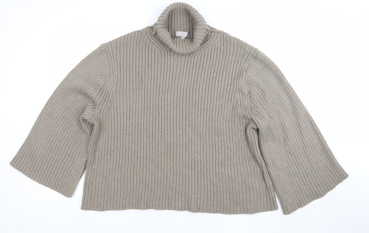 H&M Women’s Beige Ribbed Roll Neck Relaxed Fit Jumper Size L