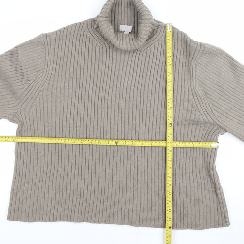 H&M Women’s Beige Ribbed Roll Neck Relaxed Fit Jumper Size L