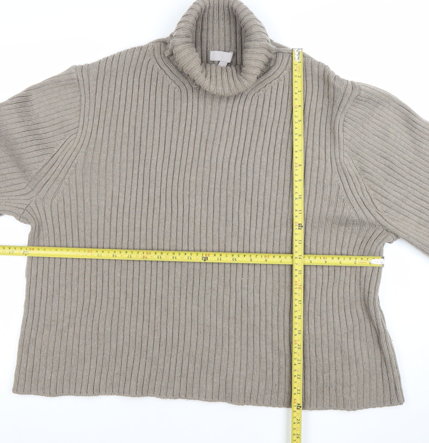 H&M Women’s Beige Ribbed Roll Neck Relaxed Fit Jumper Size L