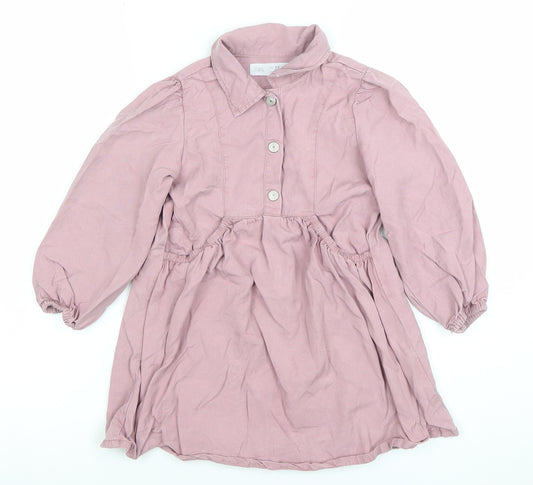 Zara Girls Pink Lyocell Collared Long Sleeve Shirt Dress 4-5 Years