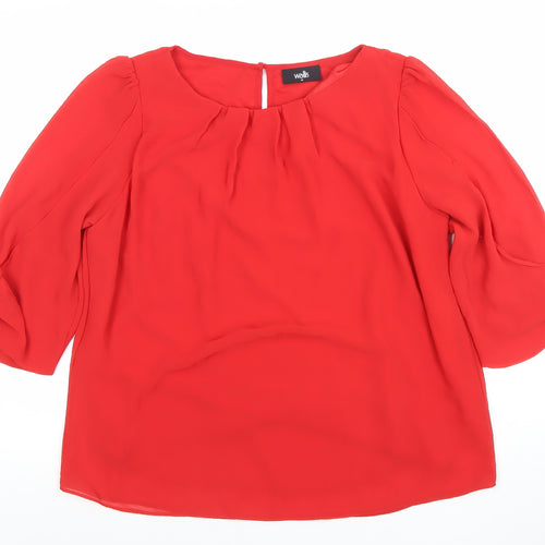 Wallis Women's Red Chiffon 3/4 Sleeve Bow Tunic Blouse Size 14