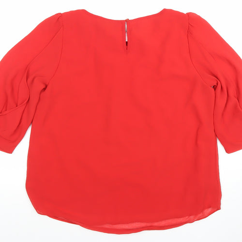Wallis Women's Red Chiffon 3/4 Sleeve Bow Tunic Blouse Size 14