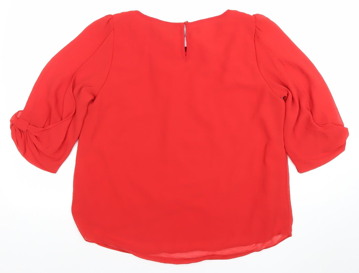 Wallis Women's Red Chiffon 3/4 Sleeve Bow Tunic Blouse Size 14