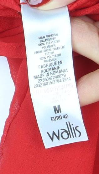 Wallis Women's Red Chiffon 3/4 Sleeve Bow Tunic Blouse Size 14