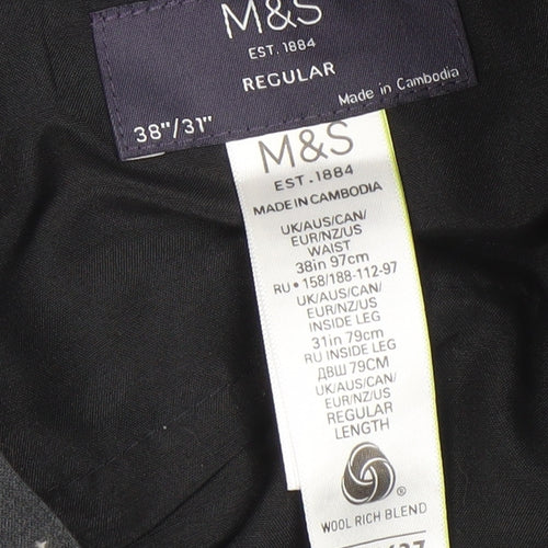 Marks and Spencer Men’s Grey Wool Blend Regular Fit Dress Trousers 38x31