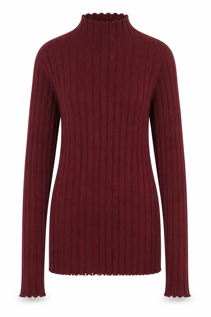 Front view of Abollria Women's Red Mock Neck Ribbed Knit Jumper, size M
