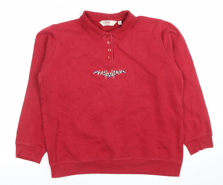EWM Pure Classics Women's Red Embroidered Henley Sweatshirt Size 14/16