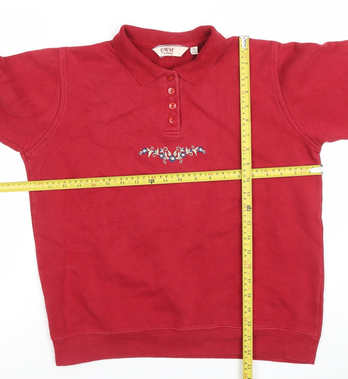 EWM Pure Classics Women's Red Embroidered Henley Sweatshirt Size 14/16