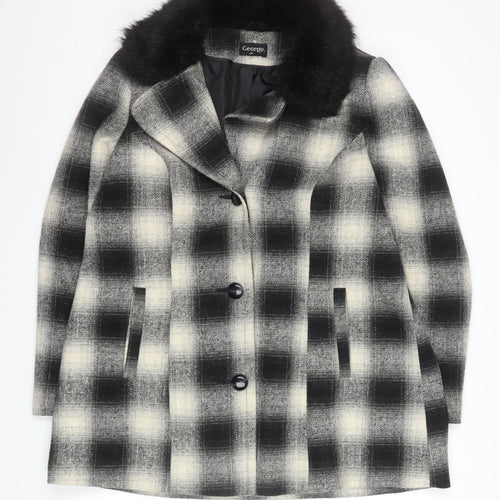 George Women’s Black Check Faux Fur Collar Mid-Length Coat Size 18