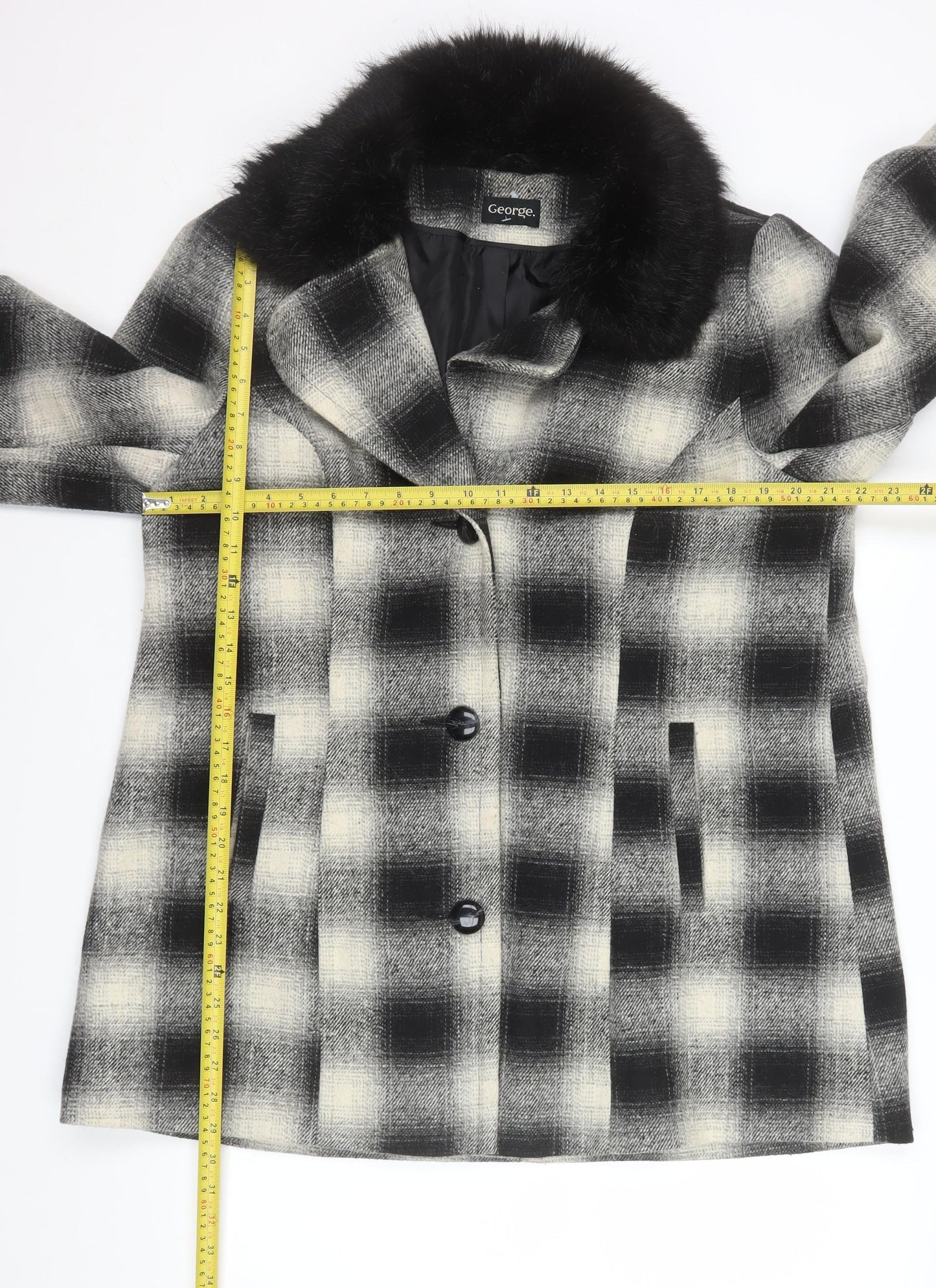 George Women’s Black Check Faux Fur Collar Mid-Length Coat Size 18