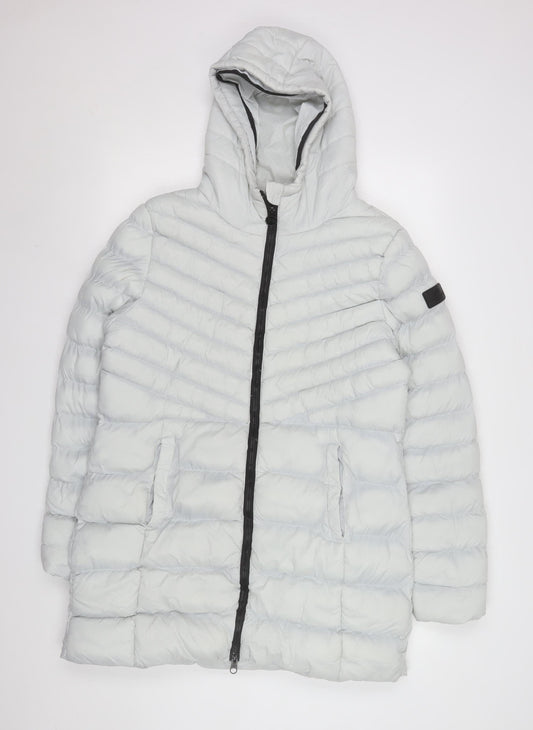 Crosshatch Women’s Grey Hooded Puffer Jacket Size 14 Long Zip Quilted Coat