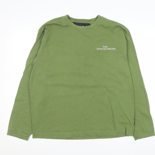 John Richmond Men's Green Long Sleeve Cotton Crew Neck Top Size L
