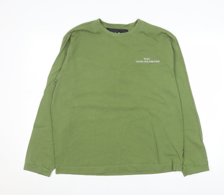 John Richmond Men's Green Long Sleeve Cotton Crew Neck Top Size L