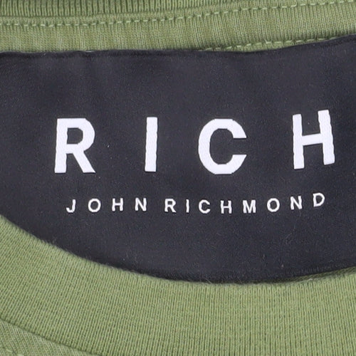 John Richmond Men's Green Long Sleeve Cotton Crew Neck Top Size L
