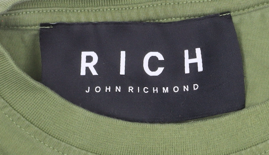 John Richmond Men's Green Long Sleeve Cotton Crew Neck Top Size L