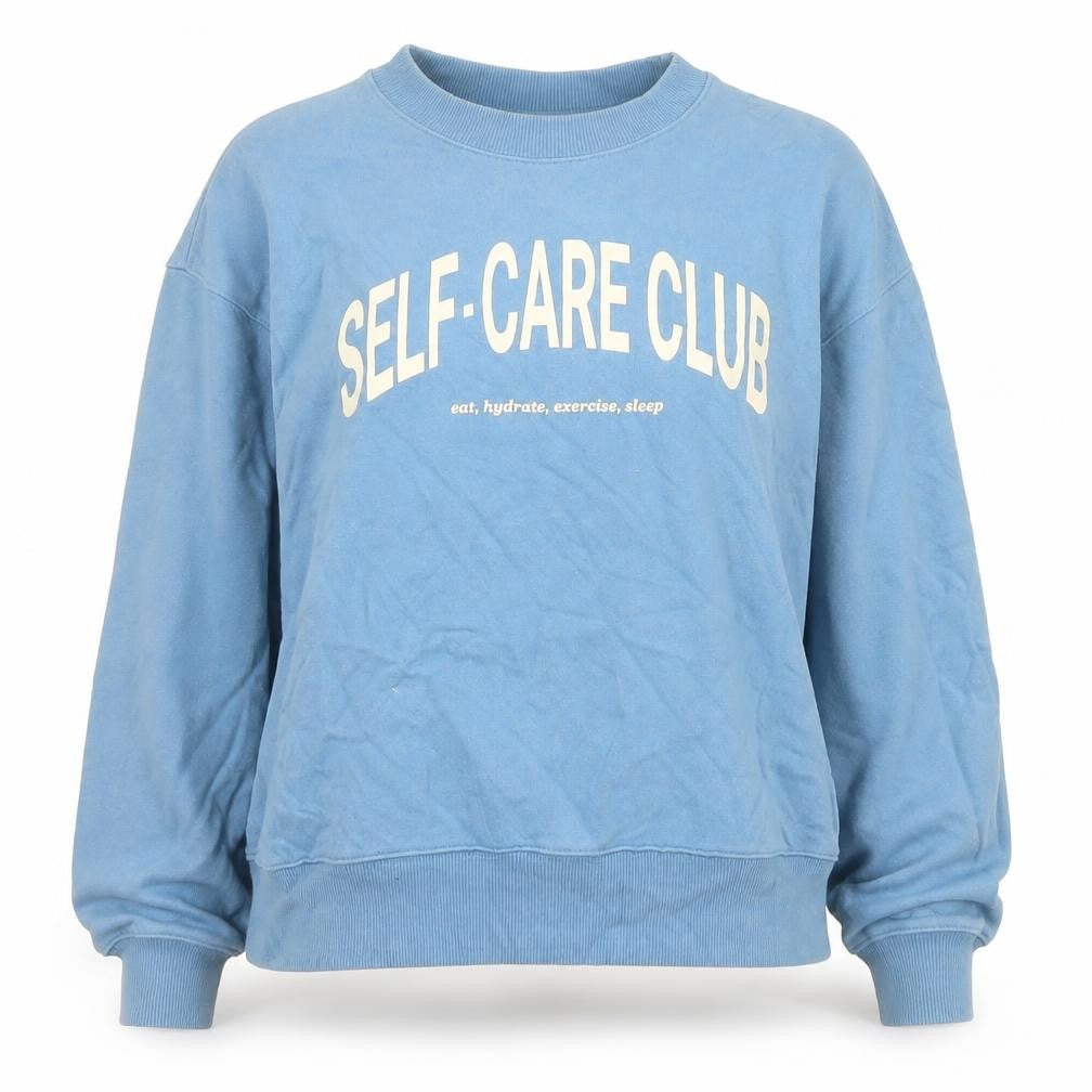 Front view of H&M Women’s Blue Self-Care Club Pullover Sweatshirt, size S