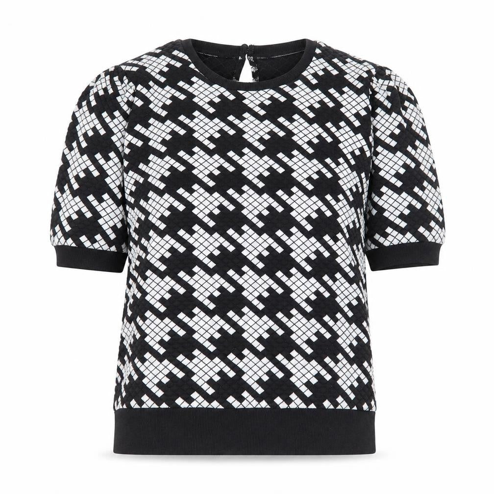 Front view of Savida women’s black white geometric short sleeve top, size UK 12