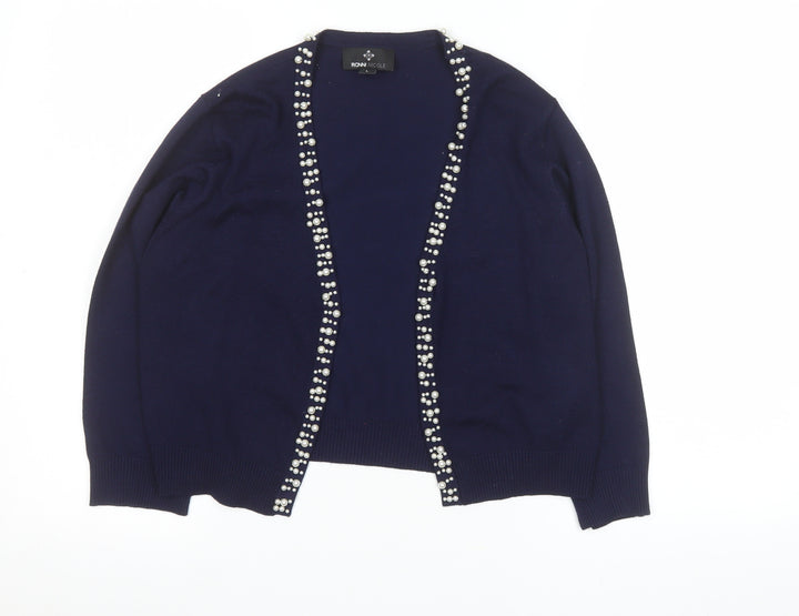 Ronni Nicole Women's Blue Beaded Trim Cardigan L Knit Rayon Blend