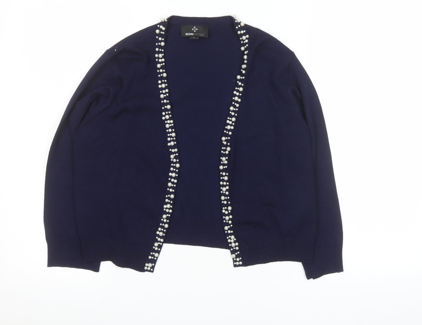 Ronni Nicole Women's Blue Beaded Trim Cardigan L Knit Rayon Blend