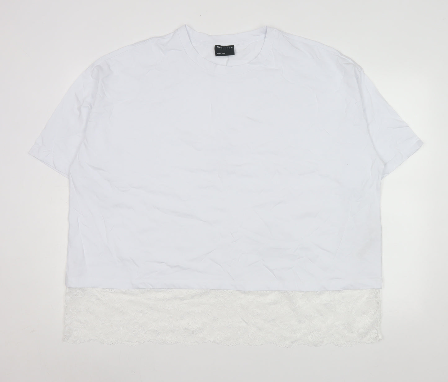 ASOS DESIGN Women’s White Lace Hem Short Sleeve Cotton T-Shirt Size L 16-18