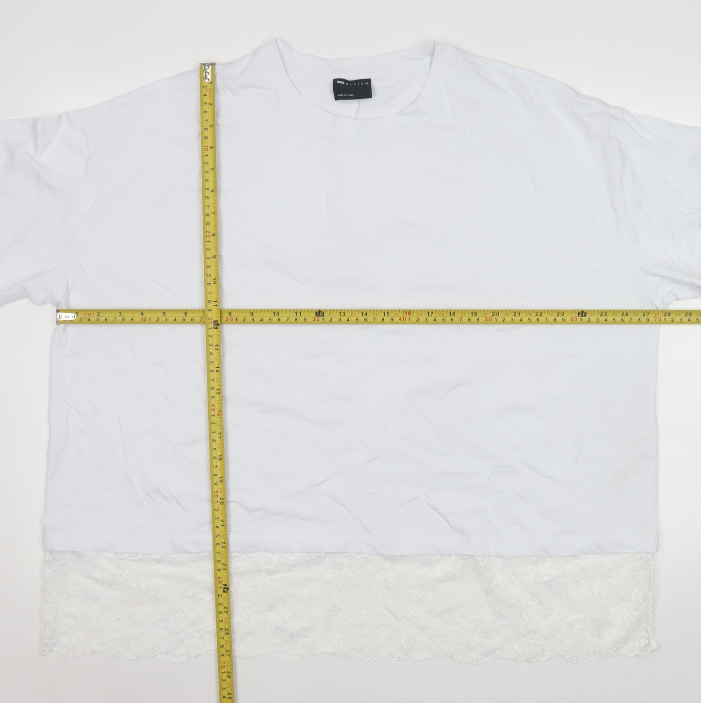 ASOS DESIGN Women’s White Lace Hem Short Sleeve Cotton T-Shirt Size L 16-18