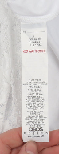ASOS DESIGN Women’s White Lace Hem Short Sleeve Cotton T-Shirt Size L 16-18