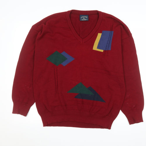 Crocket & Jones Men's Red Wool Blend Geometric V-Neck Jumper L