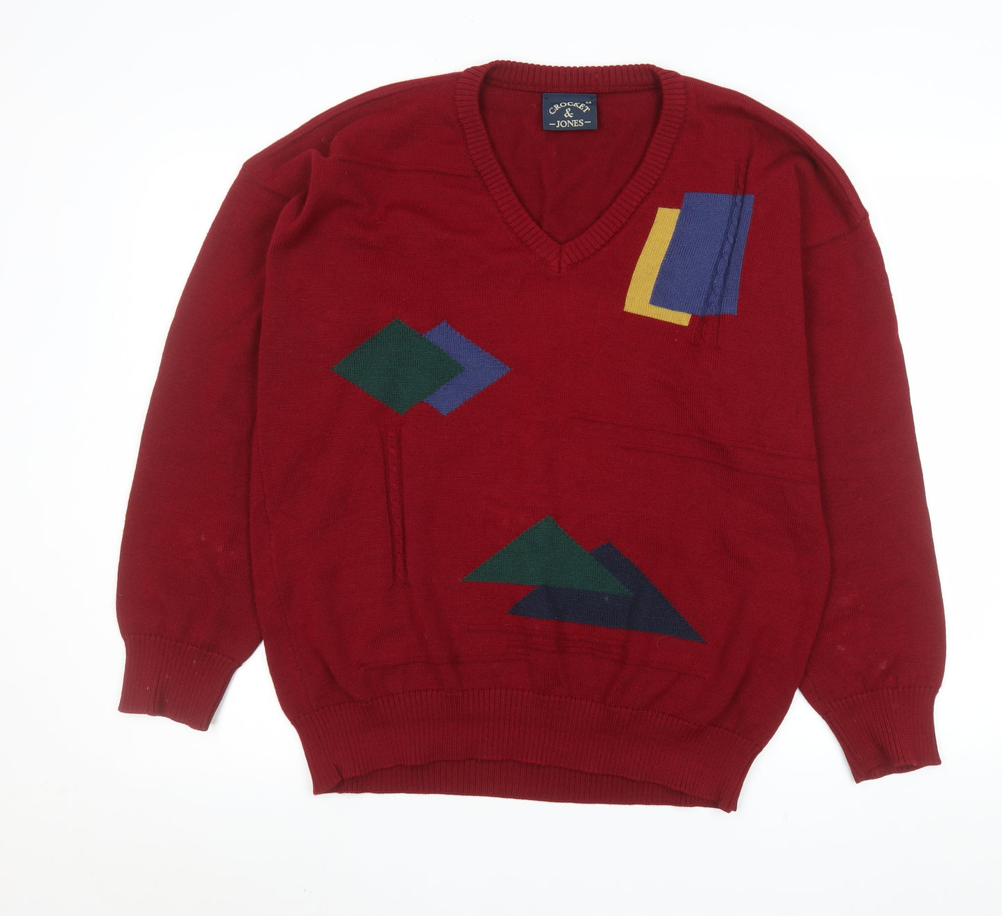 Crocket & Jones Men's Red Wool Blend Geometric V-Neck Jumper L