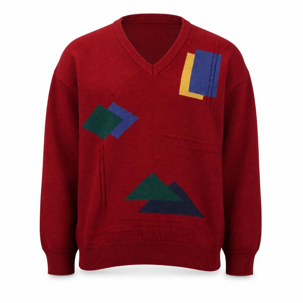 Front view of Crocket & Jones Men's Red Wool Blend Geometric V-Neck Jumper L