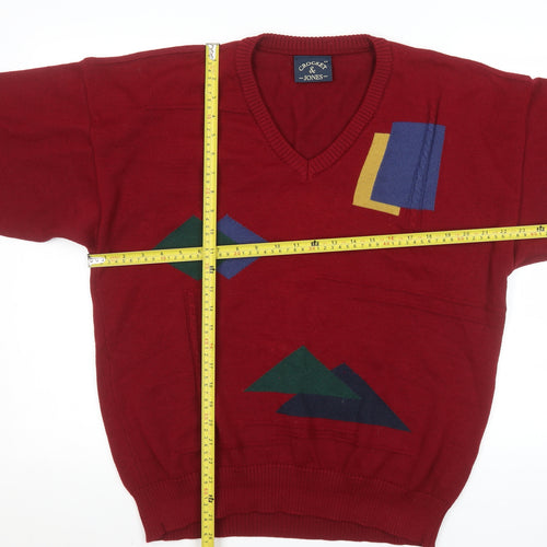 Crocket & Jones Men's Red Wool Blend Geometric V-Neck Jumper L