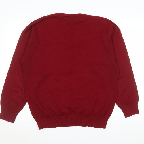 Crocket & Jones Men's Red Wool Blend Geometric V-Neck Jumper L