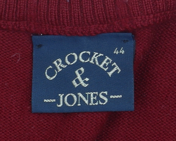 Crocket & Jones Men's Red Wool Blend Geometric V-Neck Jumper L