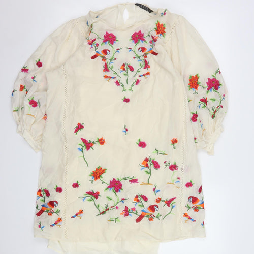 Zara Women Ivory Embroidered Floral Shift Dress Size 8