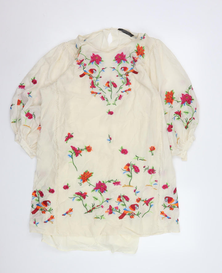 Zara Women Ivory Embroidered Floral Shift Dress Size 8