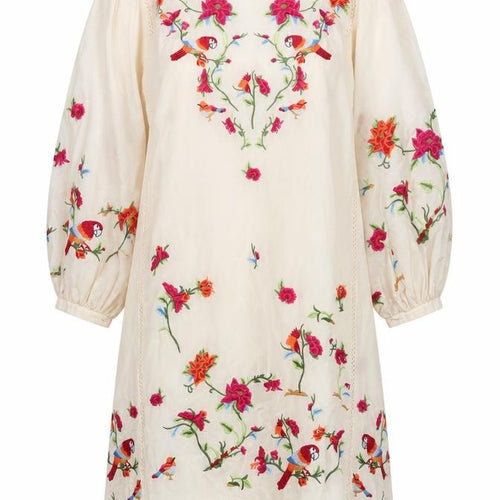 Zara Women Ivory Embroidered Floral Shift Dress Size 8