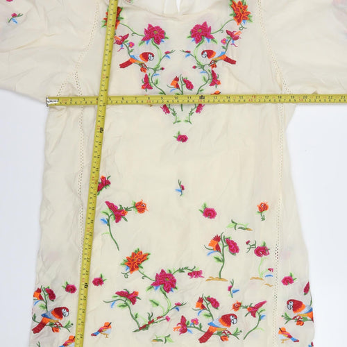 Zara Women Ivory Embroidered Floral Shift Dress Size 8