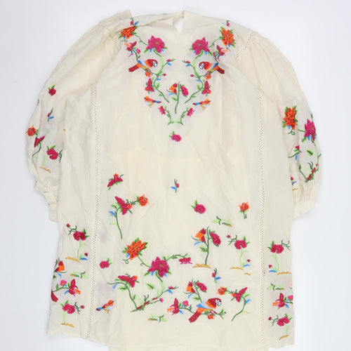Zara Women Ivory Embroidered Floral Shift Dress Size 8