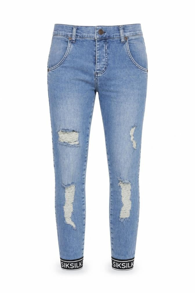 Front view of SikSilk Men's Blue Distressed Skinny Jeans, size S