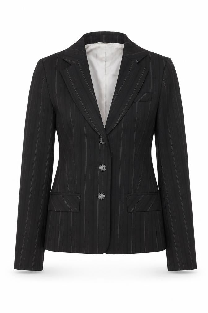 Front view of Oasis Women’s Black Pinstripe Blazer, size UK 10, Classic Tailored Jacket