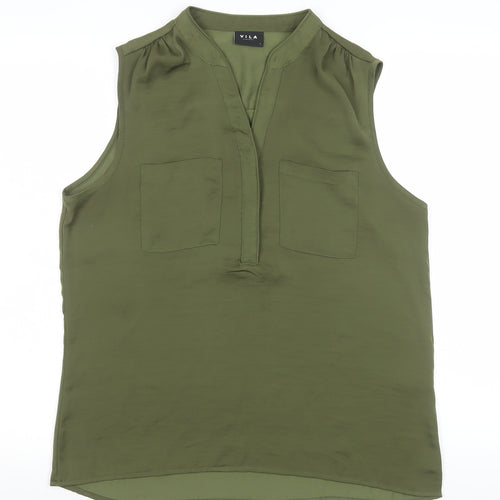 Vila Women’s Green Sleeveless Blouse L Basic V-Neck Casual Top