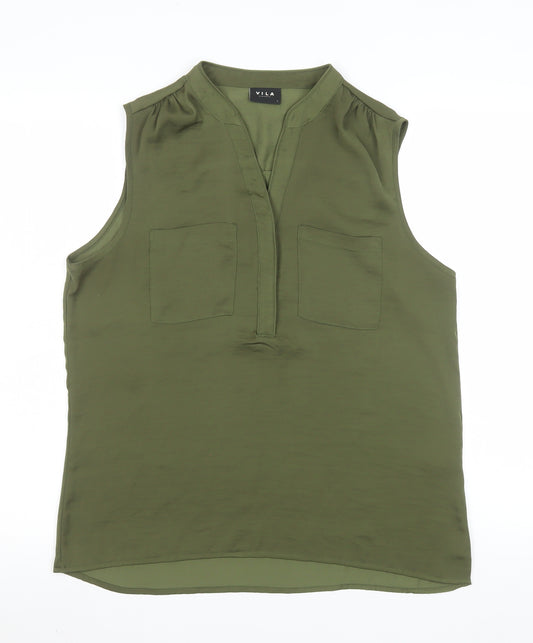 Vila Women’s Green Sleeveless Blouse L Basic V-Neck Casual Top