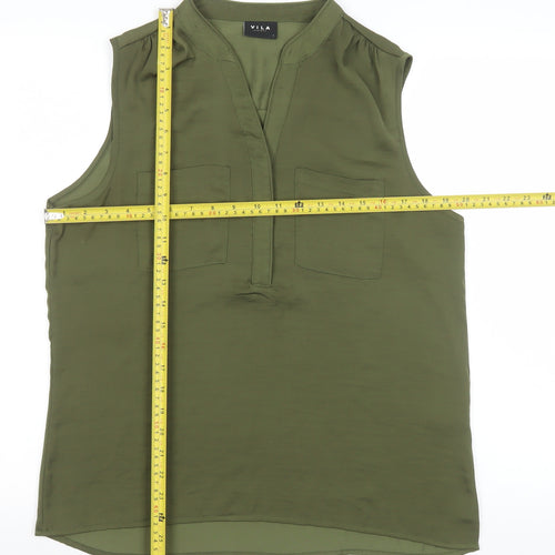 Vila Women’s Green Sleeveless Blouse L Basic V-Neck Casual Top