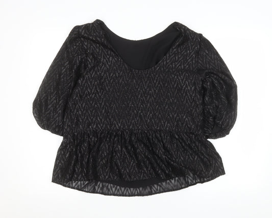 Dunnes Stores Womens Black Glitter Peplum Blouse Size 12 3/4 Sleeve