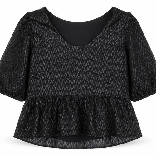 Dunnes Stores Womens Black Glitter Peplum Blouse Size 12 3/4 Sleeve