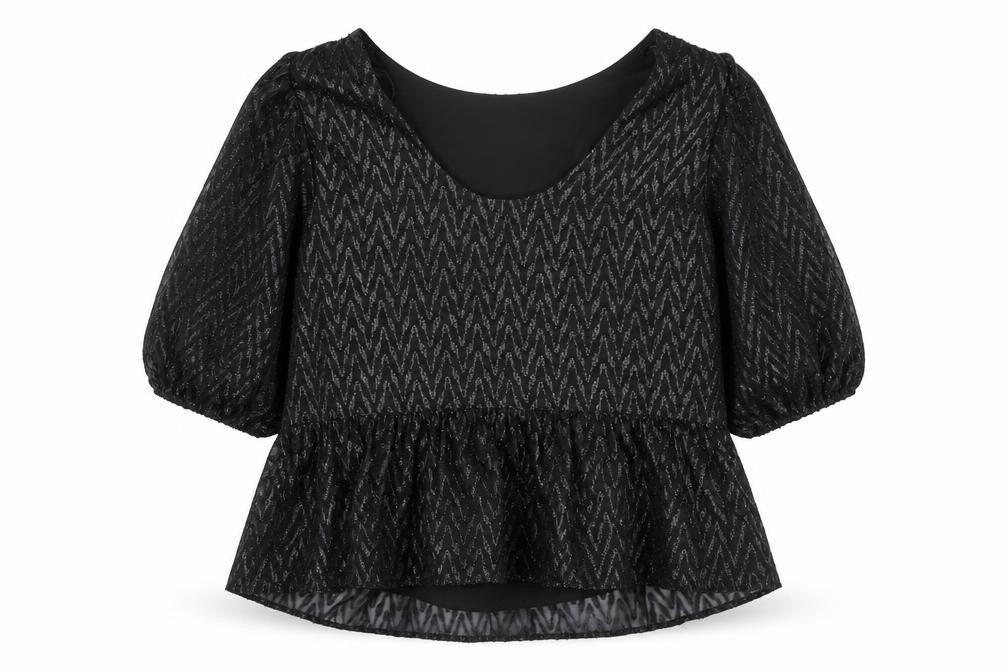 Dunnes Stores Womens Black Glitter Peplum Blouse Size 12 3/4 Sleeve