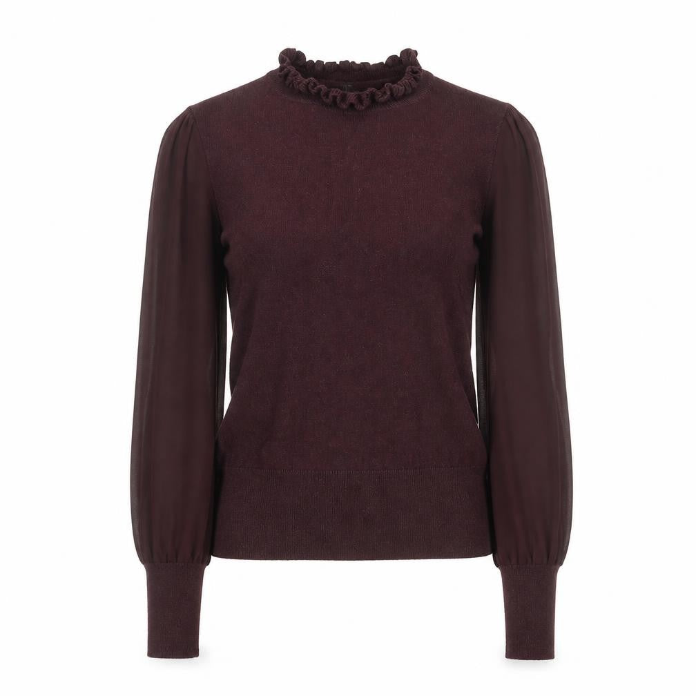Oasis Women Brown Ruffle Neck Long Sleeve Knit Blouse Size S