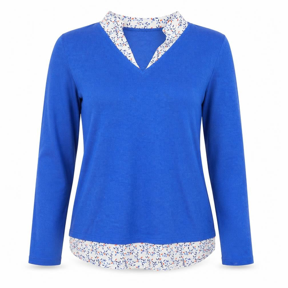 Front view of Voulez Vous Women's Blue V-Neck Long Sleeve Blouse, size 14